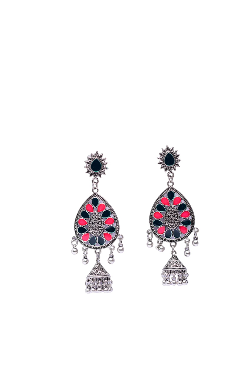 Namokriti Stunning Silver -Plated Jhumka Earrings: Pink and Green Floral Enamel with a Unique Sun-Shaped Stud